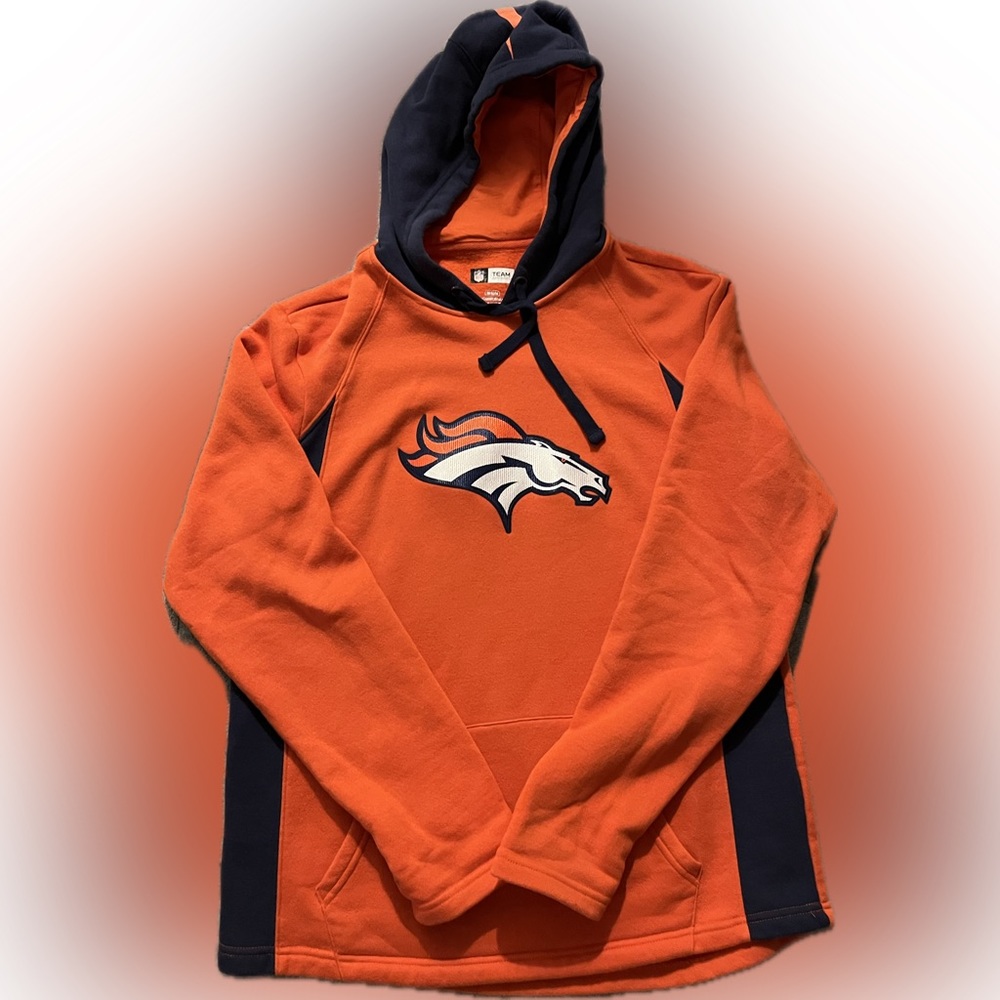 NFL Denver Broncos pullover hood with front pocket. Men’s size Medium